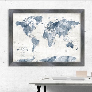 Muted Blue Gray World Map with Cities, Large Watercolor Map in Denim Blue, Push Pin Map of World. Hampton Style Wall Map with USA states,