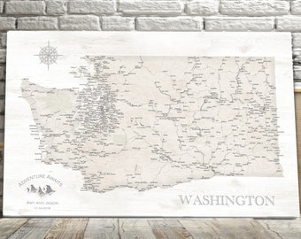 Washington State Map Print, Seattle & Details on a Large WA Map Framed, Canvas, Push Pin Map or Poster, Whole Family Gift, Travel Map,