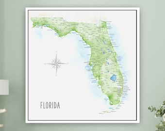 Florida Map, Push Pin Map, Detailed FL State, Canvas Map of Florida, Opt. Personalization, Gift for FL Couple, Large Framed Pin Map/Print