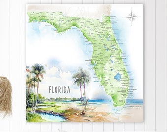 Push Pin Map of Florida Map FL State Map with Cities, Canvas Wall Art for Vacation Home, Ocean Color Deco,  Personalization FL Moving Gift