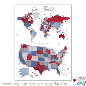 May include: A world map and a map of the United States with red, blue, and gray markings. The text "Our Travels" is at the top of the map. The text "The Places We'll Go" is at the bottom of the map.