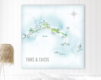 Turks and Caicos Map, Detailed Caribbean Vacation Souvenir Map, Island Ocean Theme Wall Decor Personalized Retirement Sailing Cruise Gift