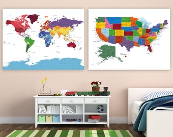 Set of 2 Map Prints, Bright Primary colors, Homeschool Maps, World map, USA map, Cities, Country Names, Travel map, Push Pin Map or Canvas