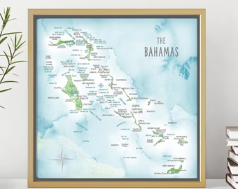 Bahamas Map, Detailed Push Pin Map Caribbean Islands Destination Wedding Memento, Personalized Family Cruise Adventure Canvas Wall Art Print