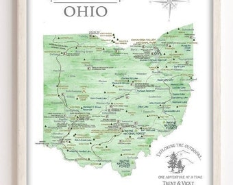 Ohio State Map Parks & Hiking Trails, Gift for Hiker, Personalized Ohio Map Canvas, Poster or State Park Push Pin Map,Outdoor Trek in Nature