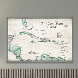 Caribbean Map Canvas, Caribbean Island Map, Large Map of Caribean, Island Cruise Map, Caribbean Travel Wall Map, Bahamas, Jamaica Map Print