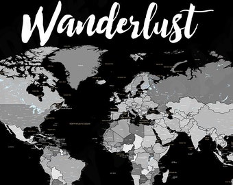 Instant Download Detailed World Map, Neutral Grayscale , Wanderlust map, Digital World map for DIY printing, 20x30in, Printable map of world