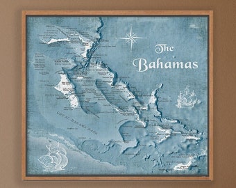 Large Bahamas Wall Map, Travel Theme Decor, Map Gift for Sailing Family Adventures, Bahamas Wedding Gift, Bahamas Push Pin Map of Caribbean