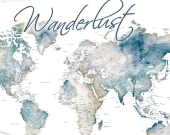 Wanderlust Push Pin Map, Canvas or Print. Any Tile, Custom Wording World Map, Personalized Legend, Gift for Couple, Travel Map for A Family