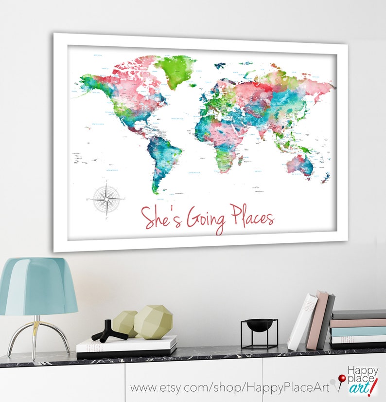 Colorful Personalization World Map wall art for Pins Family Adventure Travel Push Pin Map Foamboard backing to mark travels on Pinboard