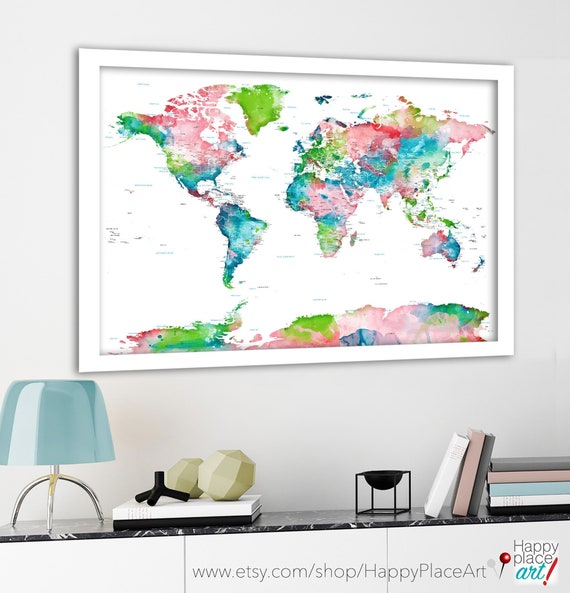 Huge Watercolor World Map Poster, Turquoise and Coral Nursery Print Detailed World map, Pastel Map Art, Canvas or Framed Push Pin Travel Map