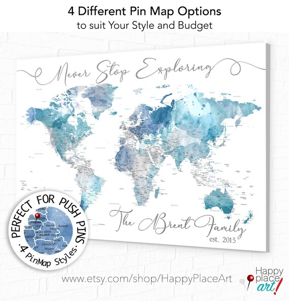 Never Stop Exploring World Map Gift for Wife, Pin Board Map Personalized Legend, Custom Anniversary Gift, Print or Push Pin Travel Map Art