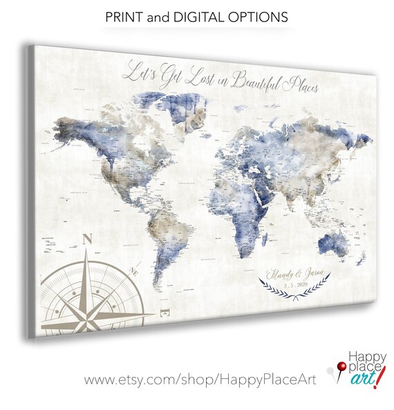 Large Push Pin Map, Canvas, Poster or World Map Print for Traveling Family. Personalized Watercolor Map, Gift for Wife, Adventure Theme Map