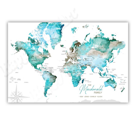 Personalized World Push Pin Map, Small Travel Map Gift, Turquoise and Gray Wall Map for Family, Names & Map Key for Pins, Framed Travel Map