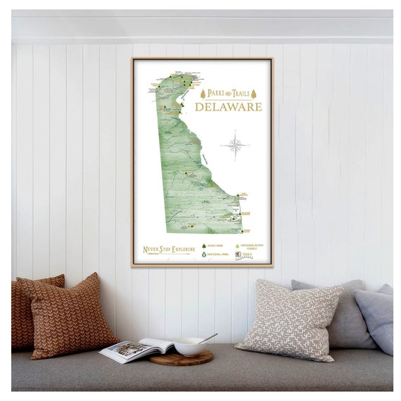 Hiking in State Parks, Delaware Adventure Map, State Parks Print & Mountain Hike Trails, Hiking Gift, Personalized Delaware State Map Poster