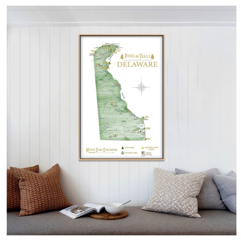 Hiking in State Parks, Delaware Adventure Map, State Parks Print & Mountain Hike Trails, Hiking Gift, Personalized Delaware State Map Poster image 1