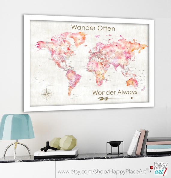 Push Pin Travel Map, Gift for Traveler, Scratch of a Bucket List or Plan Adventures on this World Wall Map, Canvas, Pin Map or Map Print