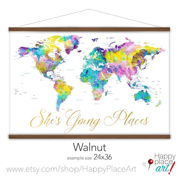 Pretty Canvas Map of the World, Personalized Map, Gift for Niece World Map Print, Large Dorm Wall Decor, She's Going Places Personalized Map