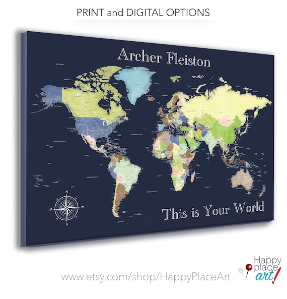 Navy World Wall Map, Choose Framed or Unframed Push Pin Map, Poster or Canvas. Large Sizes up to 40x60, This is Your World or any wording