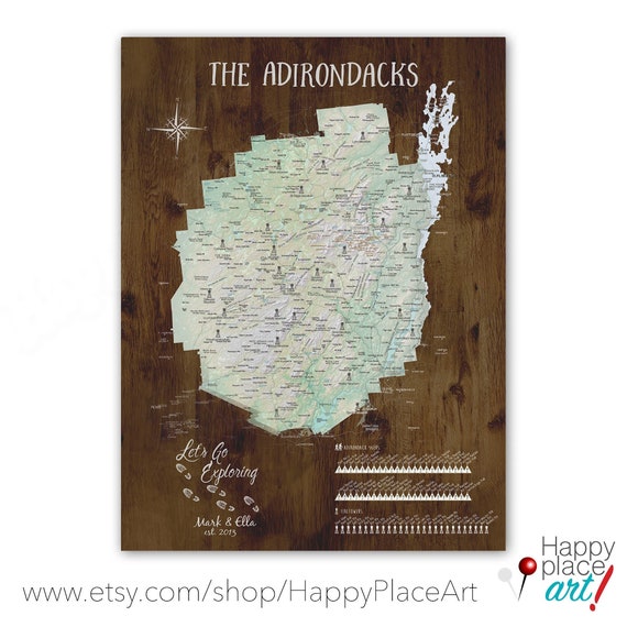 Adirondack Mountain, High Peaks and Fire Towers, Personalized Hiking Poster, Canvas or Pin Map, 46er Peak Bagging Canvas, List of Mountains