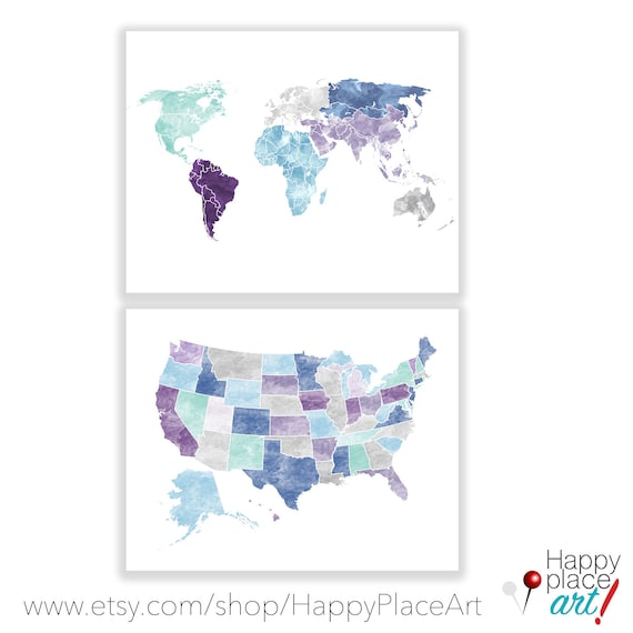 Aqua and Purple Map Set. Digital download, map prints available. World and USA Map set, Large World Map, Large US map, Customised travel map