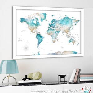 Large Watercolor World Map, Push Pin Map, Map of the World Print, Canvas or Framed Pin Map with Cities Add a personalized Legend, Pretty Map image 5