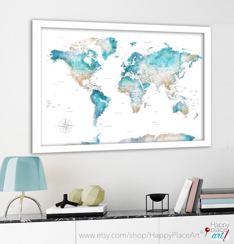 Large Watercolor World Map, Push Pin Map, Map of the World Print, Canvas or Framed Pin Map with Cities Add a personalized Legend, Pretty Map image 5