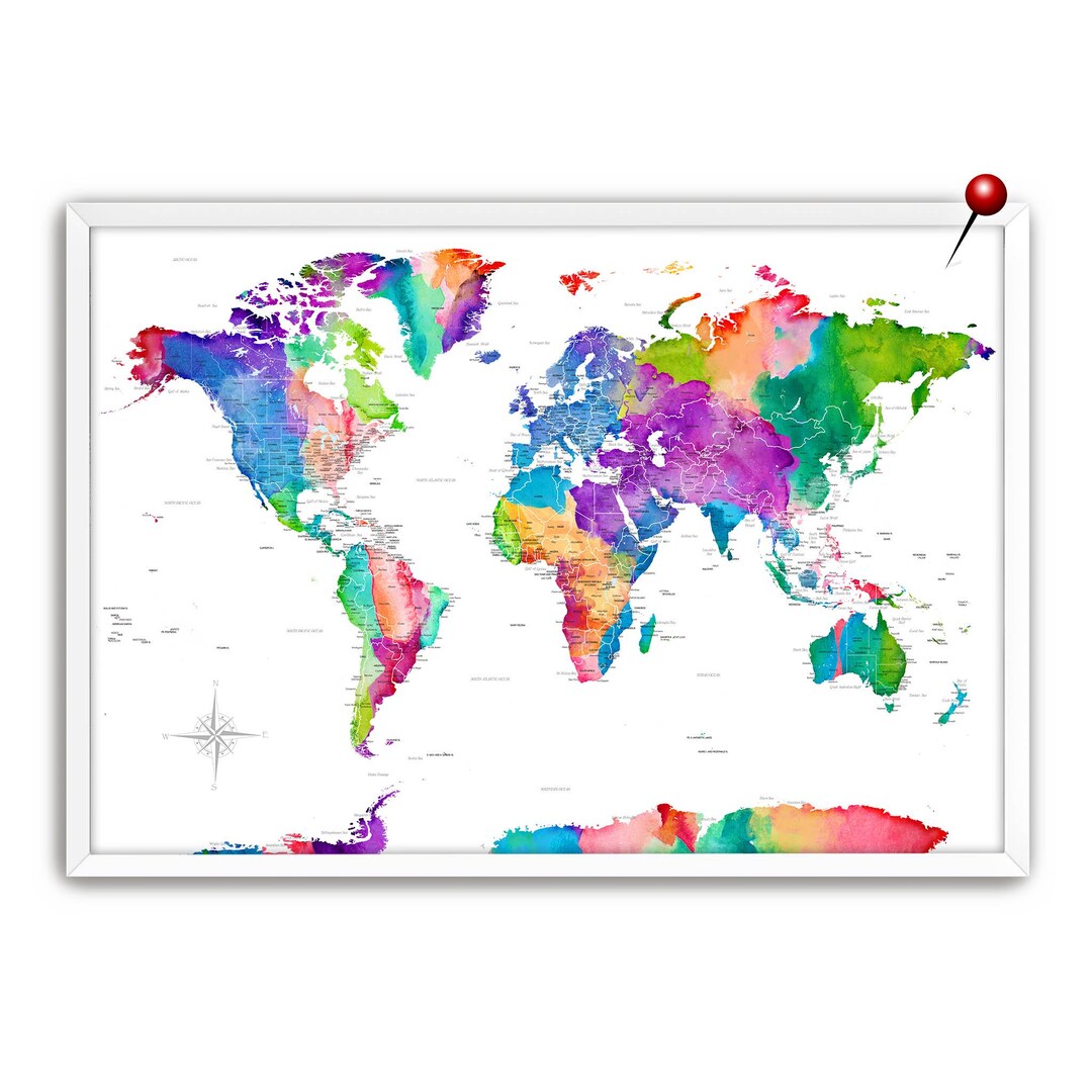 Large Bright Colorful World Map With City, Country and Ocean Labels ...