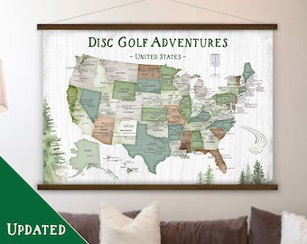 Disc Golf Gift, Add Personalization or fave Quote, Large Top USA Disc Golfing Map on Canvas, US Disc Golf Course Locations in each State Map