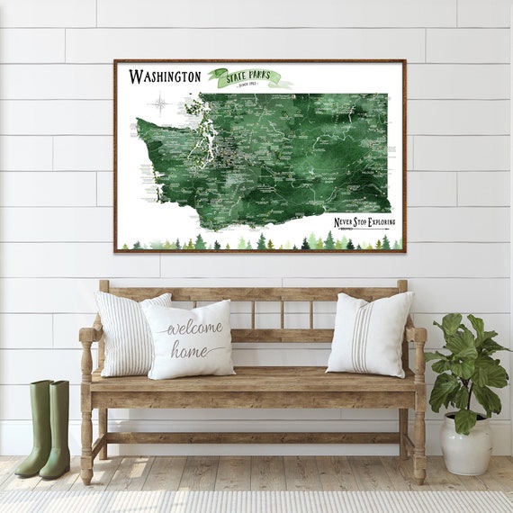 Washington State Parks and Hiking Trails Map, WA map Hiking Gift, State Park Checklist for Washington Parks, WA Push Pin Map PinBoard Gift