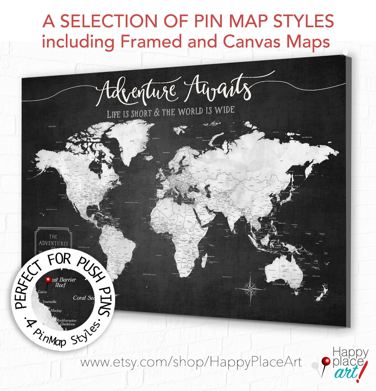 Push Pin World Map, Modern Push Pin Mounted Canvas Map Board, Best for ...