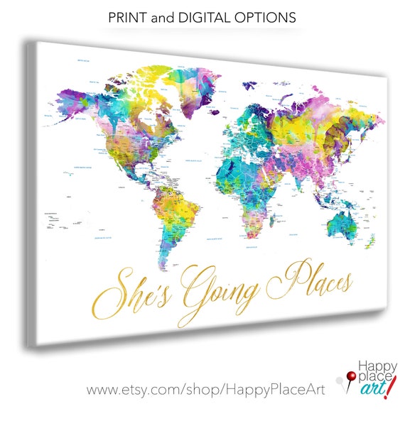 She's Going Places World map with lots of detail. Personalized Push Pin Travel Map, Canvas or Poster. Printable Map Options, Bright Future
