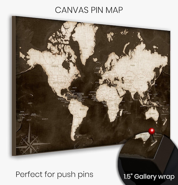 Framed World Map for Pins, Personalized Push Pin Travel Map, Large Cream & Brown Wall Art, Executive Office Decor, Birthday Gift for Dad
