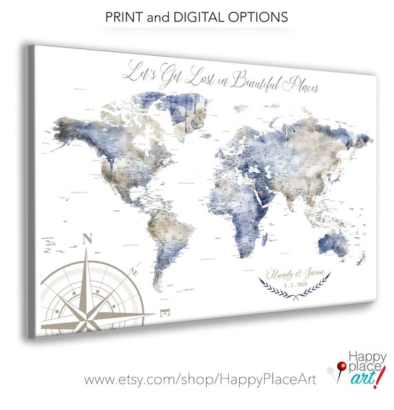 Travel Dreams and Adventures to be Scratched off your Bucket List with World Map, Personalized Gift for Wedding Couple or Single Adventurer