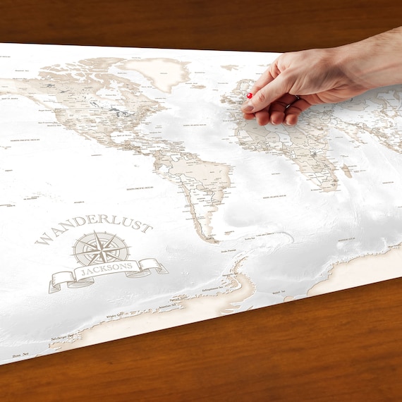 Gift for Husband, Man Cave Wall Art, Travel Theme Present, World Map PUSH PIN MAP, Canvas World Map, Large Beige Print, Adventure Map Art