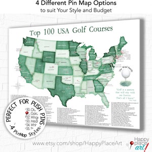 Personalized Golf Gift ideal Father&#39;s Day gift or Golfing Family. Push pin USA Map of Golf Courses Canvas with optional Customized Text