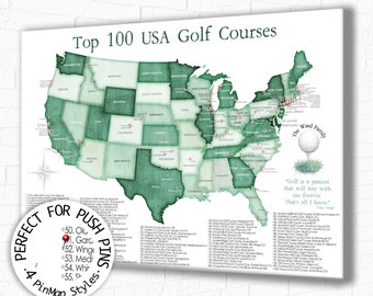 Personalized Golf Gift ideal Father's Day gift or Golfing Family. Push pin USA Map of Golf Courses Canvas with optional Customized Text