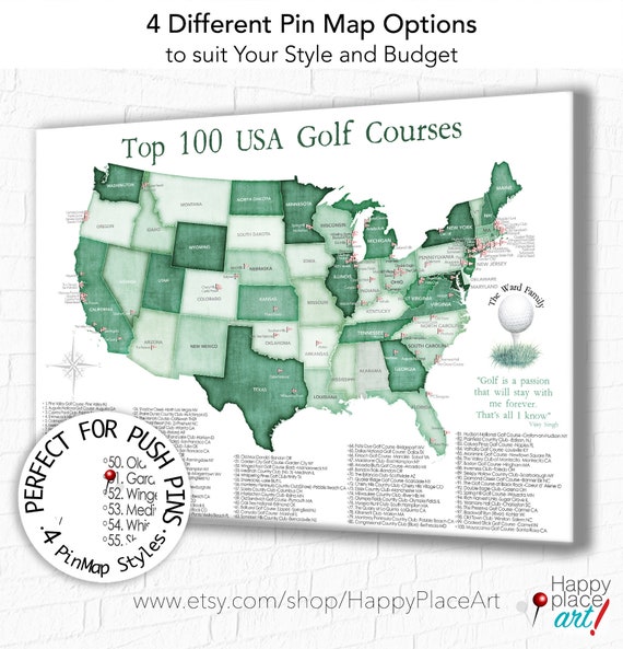 Personalized Golf Gift ideal Father's Day gift or Golfing Family. Push pin USA Map of Golf Courses Canvas with optional Customized Text