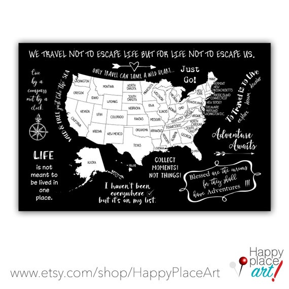 USA Bucket List Map with Travel Quote. Travel Poster for RV Road trips. USA Adventure Map. Gift for Traveling Family Camper Trailer Decor.