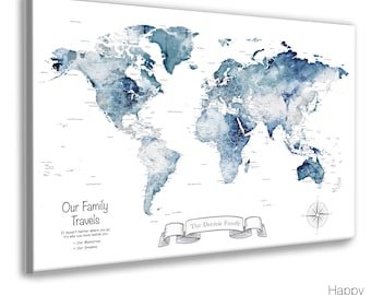 Our Family Travels, Push Pin World Map, Travel Pin Map, World Map Canvas, World Travel Map, Gift Personalized Large World Pin Map PinBoard