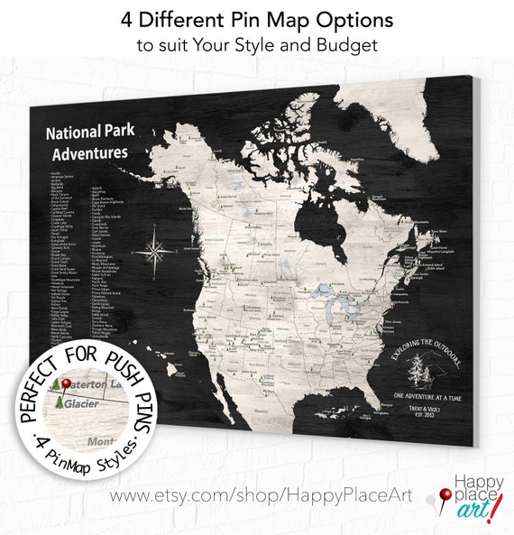 USA Travel Map, National Parks Map, National Parks Gift, National Parks Travel Map, National Park Push Pin Map of North America Pin Map