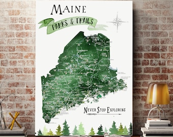 Maine Push Pin Map with State Parks and popular Hiking trails of ME, State Map Canvas, New England Adventures Gift Exploring Maine Art Print