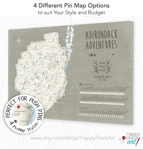 Hike the 46 Peaks & Pin your progress on a Push Pin Map Adirondack Mountain Map, Hiking High Peaks Park Poster or Canvas, 46er ADK Park Trek