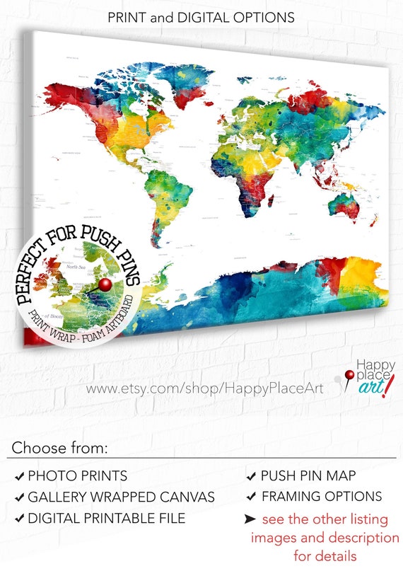 Colorful Detailed PushPin Map with Personalization included. Mounted Canvas or Framed Poster, Map of the world in bright Watercolor Pin map