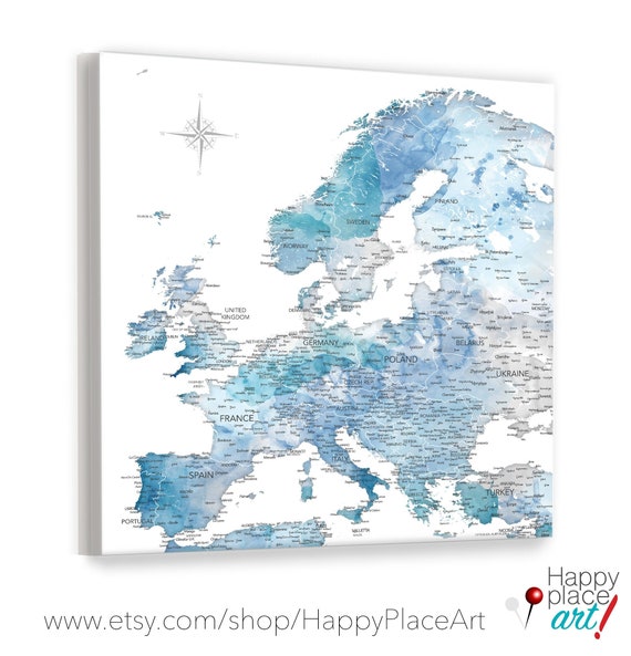 Europe Map for push pins, European Travel Canvas PinMap or Vacation Print, Adventures Await Gift for Traveler, Pin Map of Europe with Cities