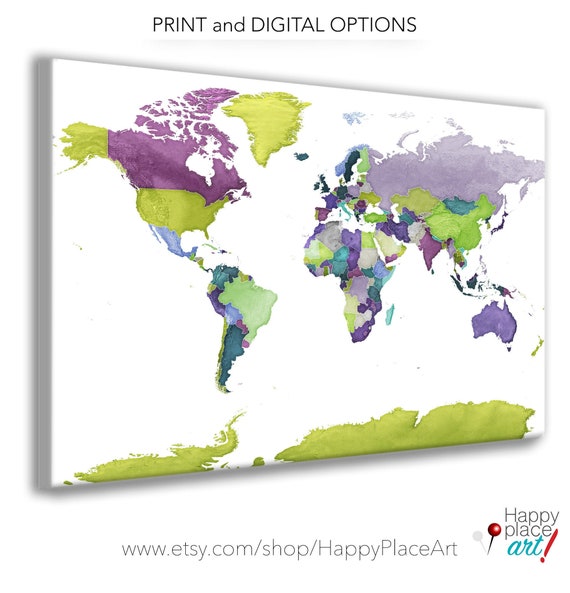 Detailed World map print, World map canvas, Push pin world map, Purple Green & Turquoise World map poster Wall Art, Framed Map for push pins