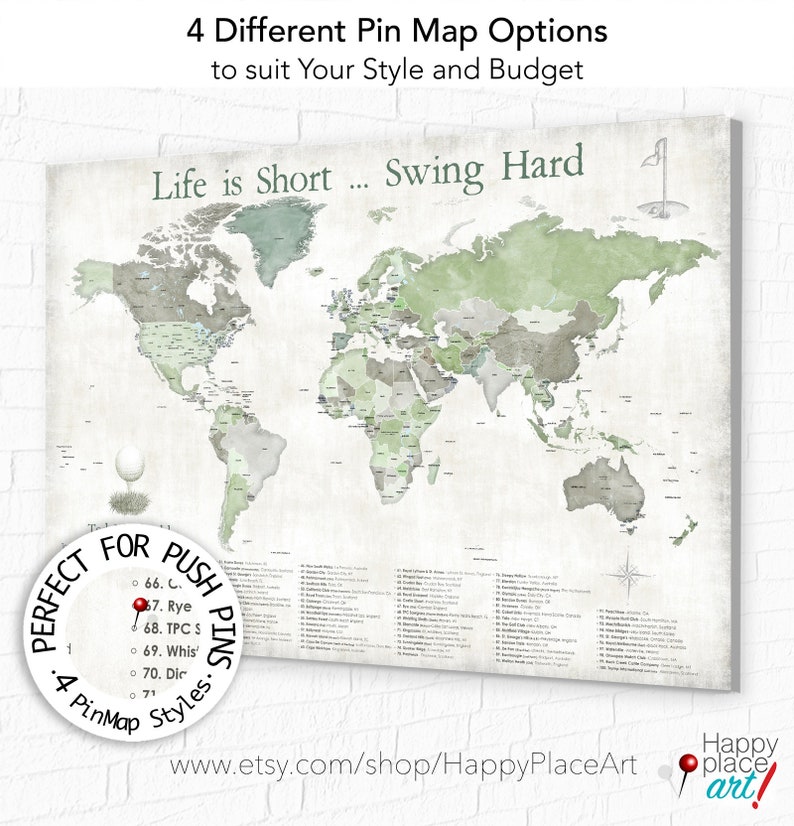 Push Pin Map of World Top 100 Golf Courses, Anniversary gift for wife, Personalized golf gift for husband, Golfing couple. Golfers pin map image 7