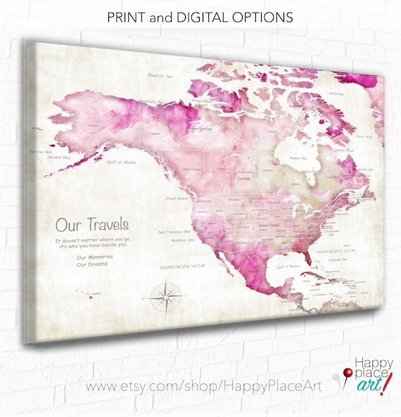 Caribbean Islands, Jamaica, Mexica, USA and Canada Push Pin Map, Vacation map Print, Pink USA map, Gift for Couple, Personalized Travel map