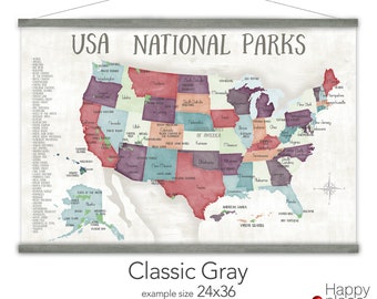 Canvas USA National Park Map, List of National Parks of America, Personalized Hiking and Mountain trekking Map, RV Road Trip Wall Decor Map