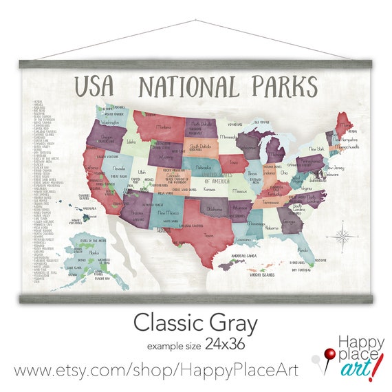 Canvas USA National Park Map, List of National Parks of America, Personalized Hiking and Mountain trekking Map, RV Road Trip Wall Decor Map